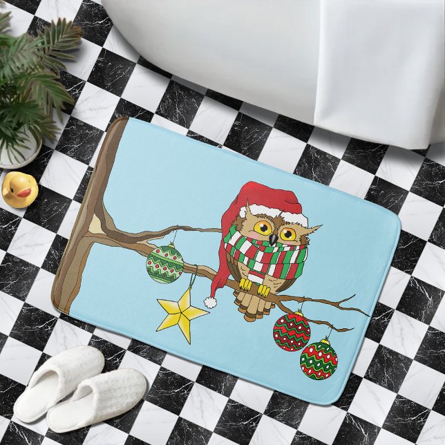 Cute Festive Christmas Owl Holiday Tree  Bath Mat (Creator Uploaded)