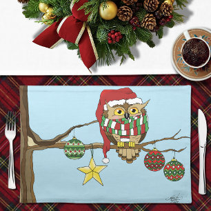 Cute Festive Christmas Owl Holiday Tree Cloth Placemat