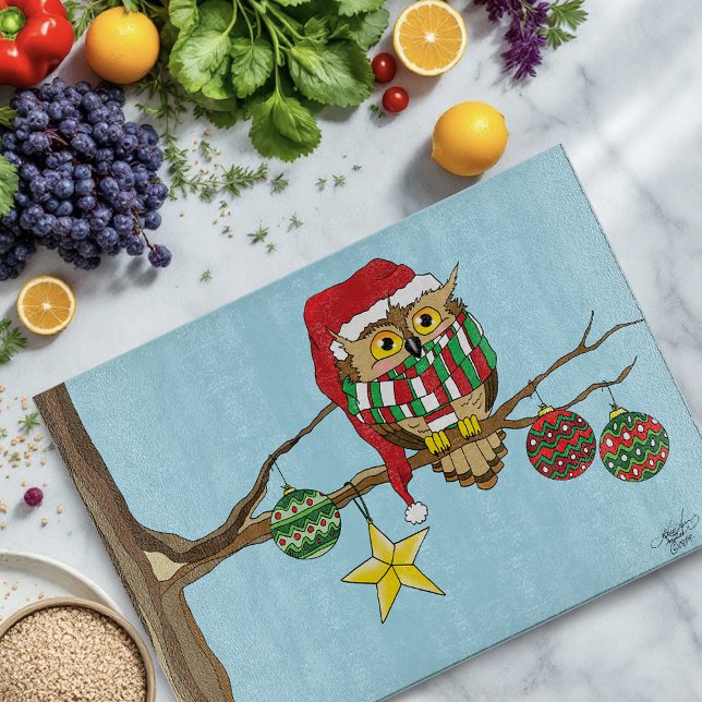 Cute Festive Christmas Owl Holiday Tree Cutting Board (Creator Uploaded)
