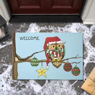 Cute Festive Christmas Owl Holiday Tree Doormat