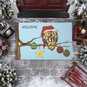 Cute Festive Christmas Owl Holiday Tree Doormat