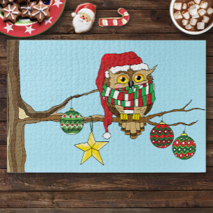 Cute Festive Christmas Owl Holiday Tree Jigsaw Puzzle