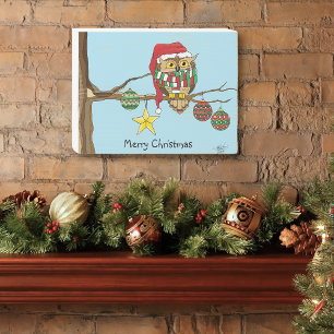 Cute Festive Christmas Owl Holiday Tree  Wooden Box Sign