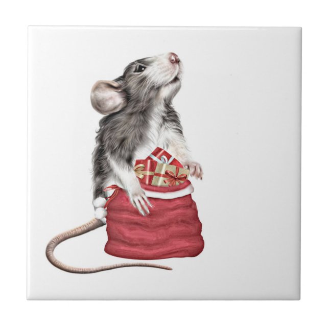 Cute Festive Christmas rat Ceramic Tile (Front)