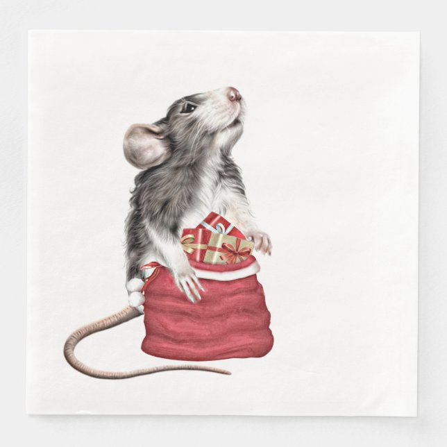 Cute Festive Christmas rat Paper Dinner Napkins (Front)
