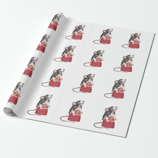 Cute Festive Christmas rat Wrapping Paper (Unrolled)