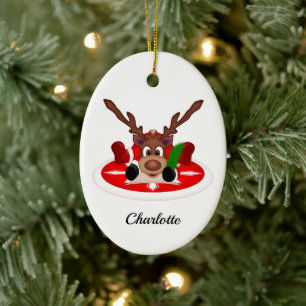 Cute Festive Christmas Reindeer Customized Ceramic Ornament