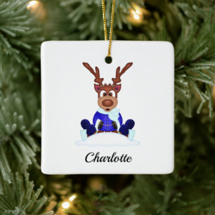 Cute Festive Christmas Reindeer Customized Ceramic Ornament