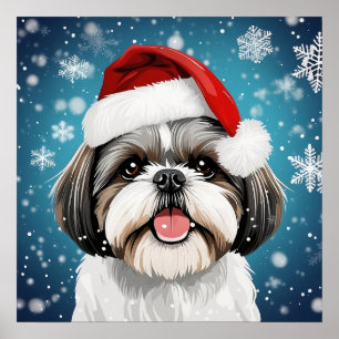 Cute Festive Christmas Shih Tzu Dog with Santa Hat Poster