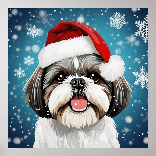 Cute Festive Christmas Shih Tzu Dog with Santa Hat Poster (Front)