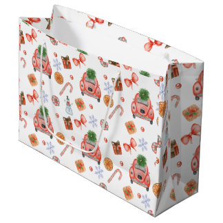 Cute Festive Christmas Vintage Cars and Trees Large Gift Bag