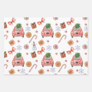 Cute Festive Christmas Vintage Cars and Trees  Wrapping Paper Sheets
