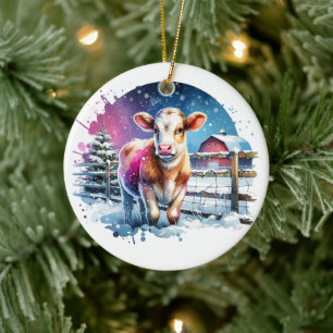 Cute Festive Cow Card Christmas Personalized Ceramic Ornament