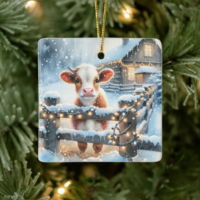 Cute Festive Cow Christmas Personalized Ceramic Ornament (Tree)