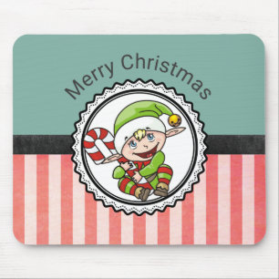 Cute Festive Elf with Candy Cane Merry Christmas Mouse Pad