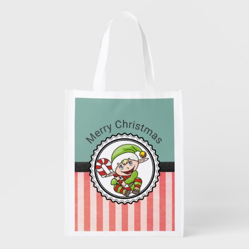 Cute Festive Elf with Candy Cane Merry Christmas Reusable Grocery Bag