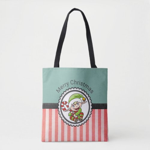 Cute Festive Elf with Candy Cane Merry Christmas Tote Bag