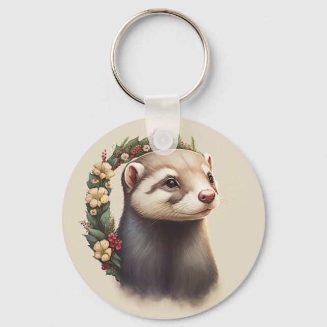 Cute Festive Ferret Keychain (Front)