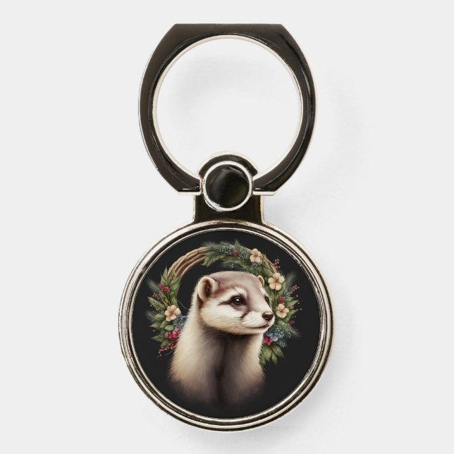 Cute Festive Ferret Phone Ring Stand (Front)