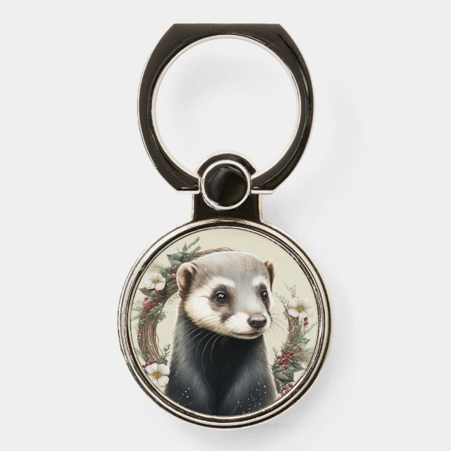 Cute Festive Ferret Phone Ring Stand (Front)