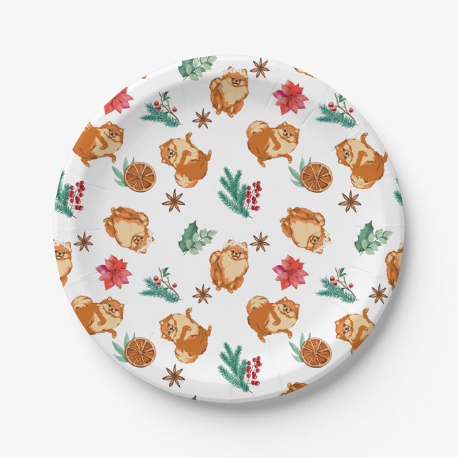 Cute Festive Fluffy Dog Christmas party Paper Plates (Front)