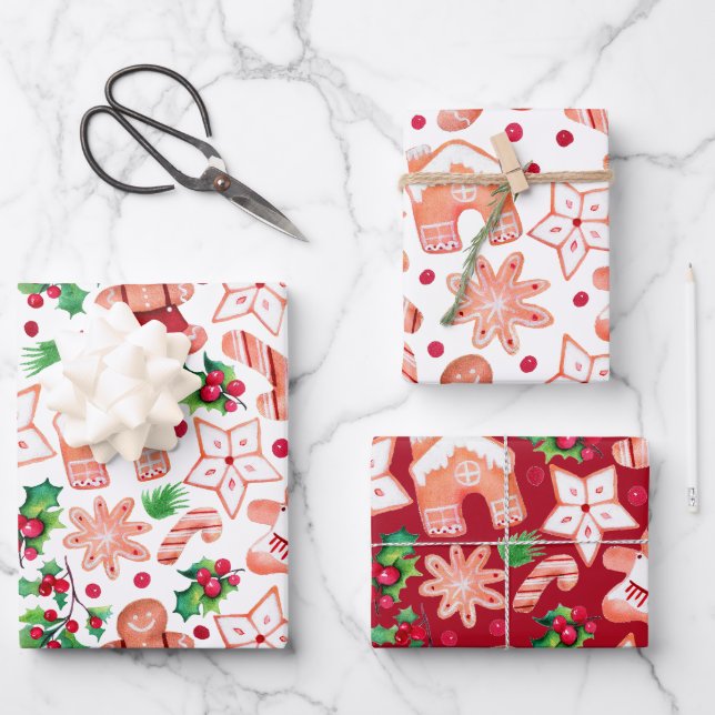 Cute Festive Gingerbread Cookie Christmas Wrapping Paper Sheets (Front)