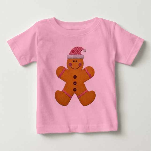 Cute Festive Gingerbread Man in Pink Baby T-Shirt (Front)
