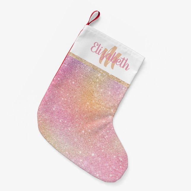 Cute festive gold pink glitter monogram Christmas Small Christmas Stocking (Front (Hanging))