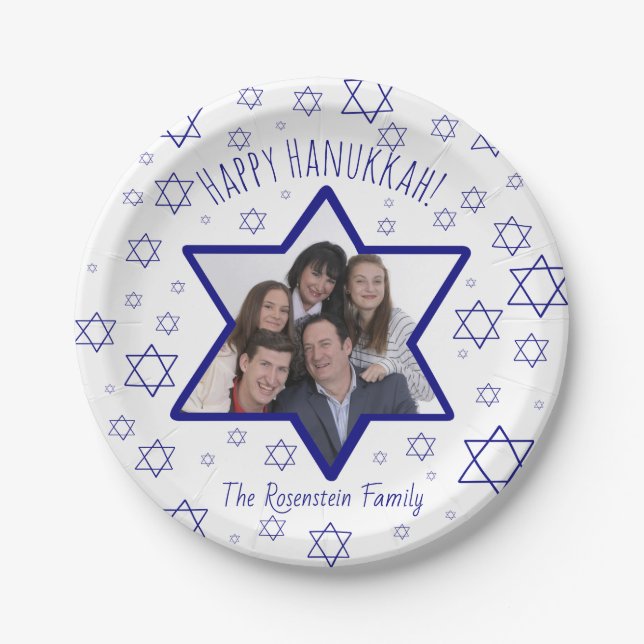 Cute Festive Happy Hanukkah Photo Star of David Paper Plates (Front)