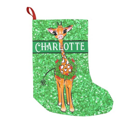 Cute festive Holiday Giraffe Holly wreath Small Christmas Stocking