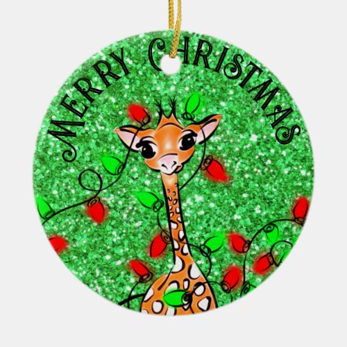 Cute festive Holiday Giraffe twinkle lights Ceramic Ornament
