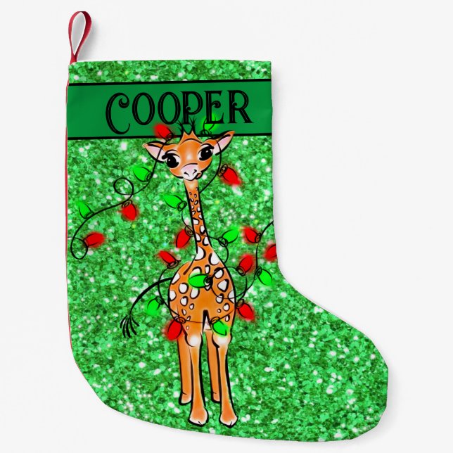 Cute festive Holiday Giraffe twinkle lights Small Christmas Stocking (Front)