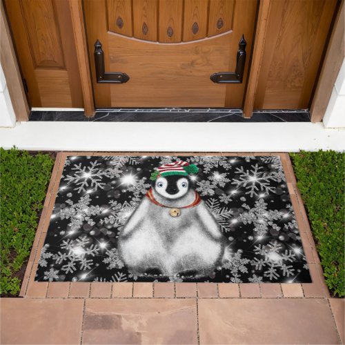 Cute festive holiday Penguin glitter snowflakes  Doormat