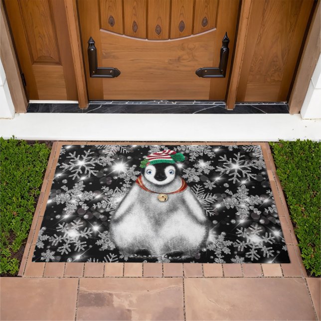 Cute festive holiday Penguin glitter snowflakes  Doormat (Outdoor)