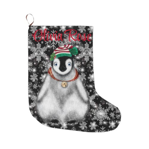 Cute festive holiday Penguin glitter snowflakes  Large Christmas Stocking