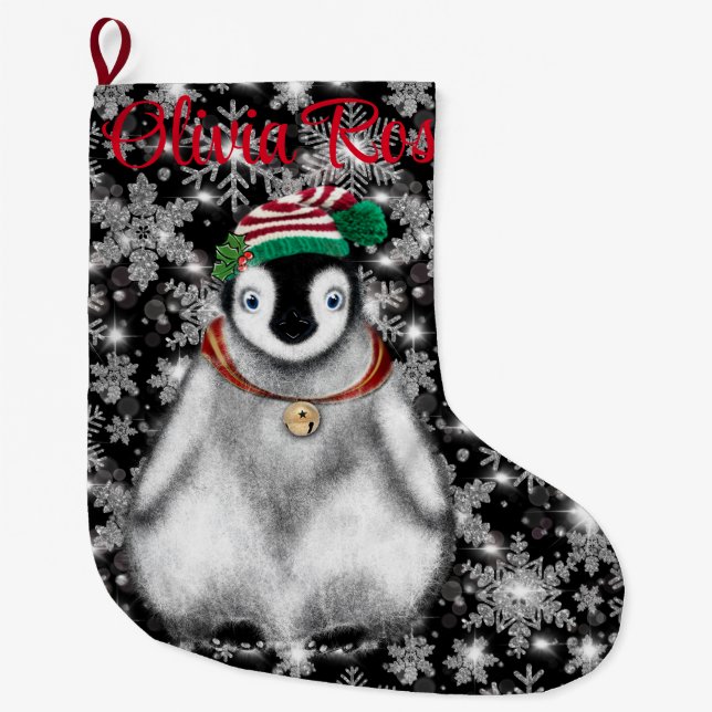 Cute festive holiday Penguin glitter snowflakes  Large Christmas Stocking (Front)