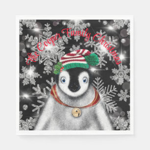 Cute festive holiday Penguin glitter snowflakes Napkins
