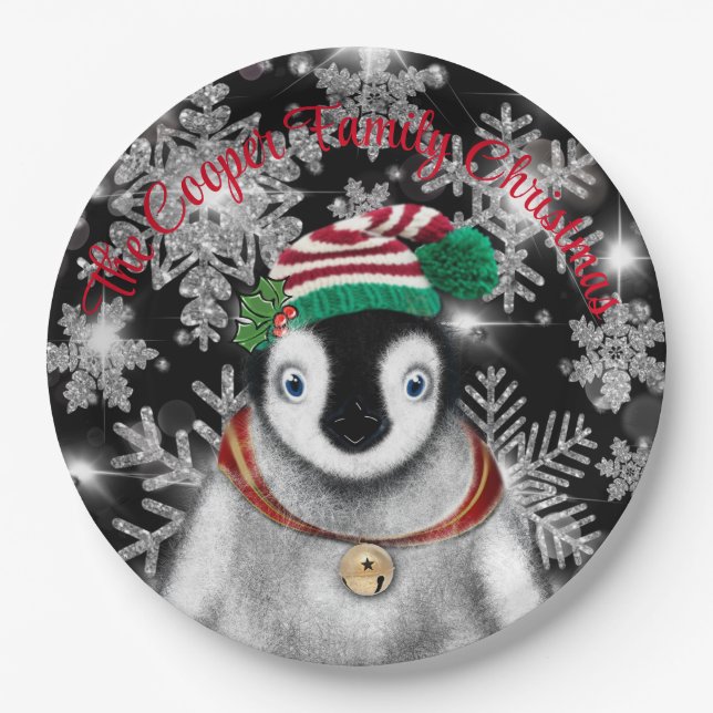Cute festive holiday Penguin glitter snowflakes  Paper Plates (Front)