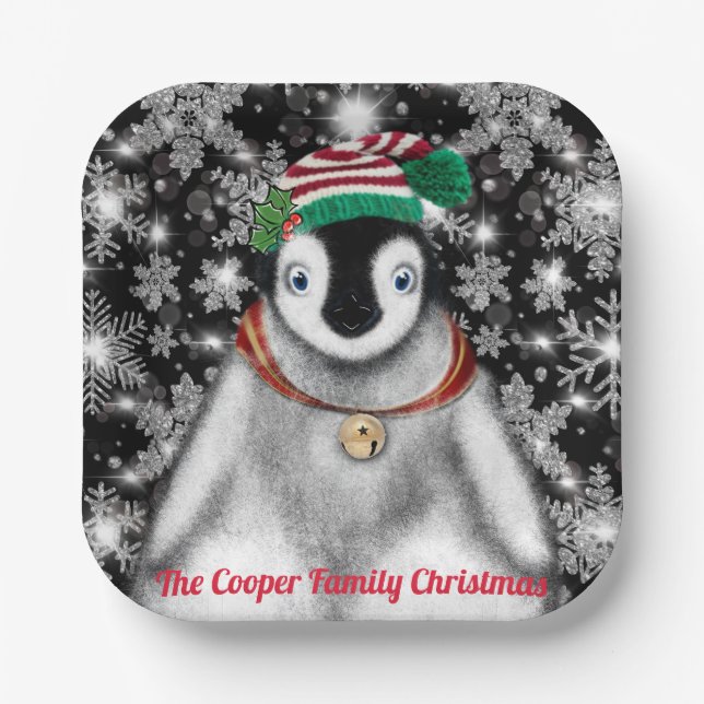 Cute festive holiday Penguin glitter snowflakes  Paper Plates (Front)
