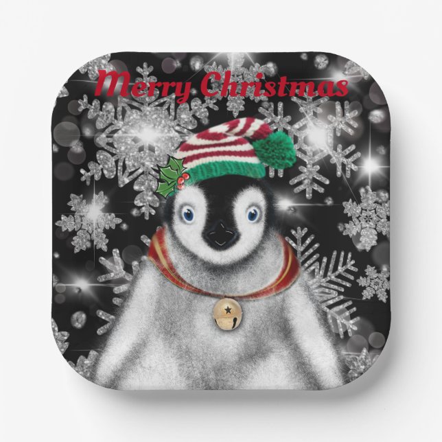Cute festive holiday Penguin glitter snowflakes  Paper Plates (Front)
