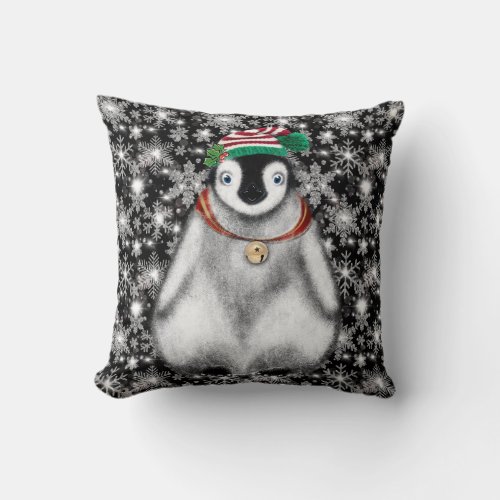 Cute festive holiday Penguin glitter snowflakes  Throw Pillow