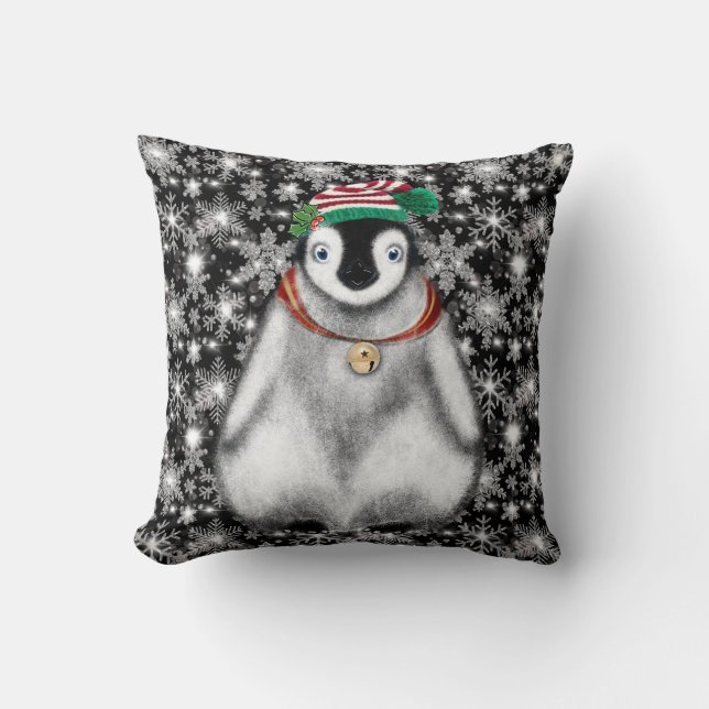 Cute festive holiday Penguin glitter snowflakes  Throw Pillow (Front)