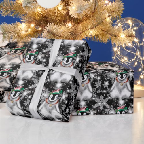 Cute festive holiday Penguin glitter snowflakes  Wrapping Paper