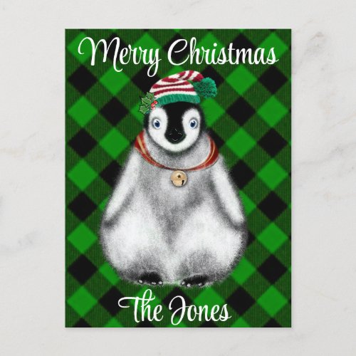 Cute festive holiday Penguin green black plaid 