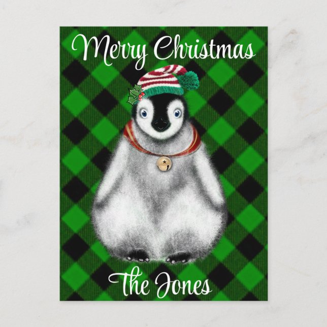 Cute festive holiday Penguin green black plaid  (Front)