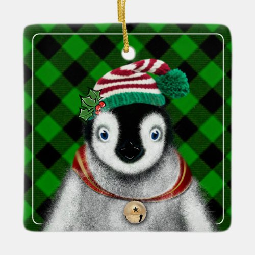 Cute festive holiday Penguin green black plaid  Ceramic Ornament