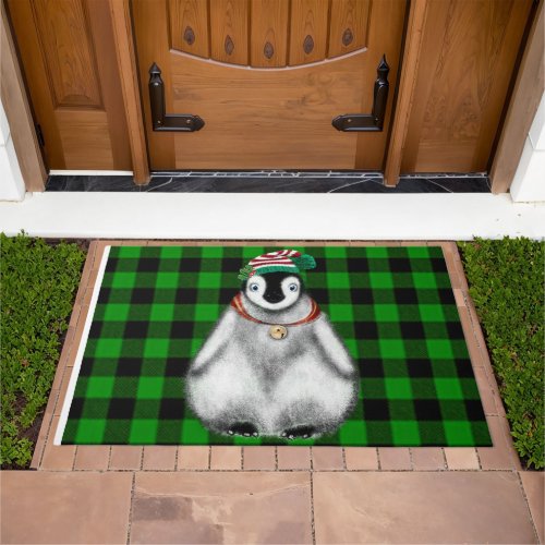 Cute festive holiday Penguin green black plaid  Doormat