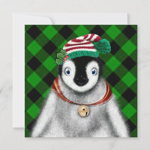 Cute festive holiday Penguin green black plaid  Invitation