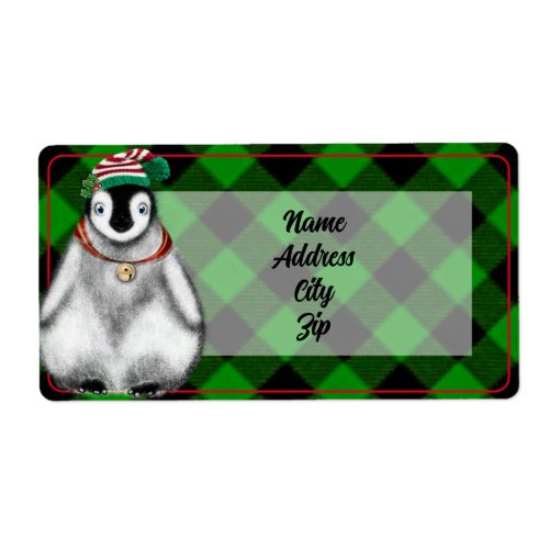 Cute festive holiday Penguin green black plaid  Label