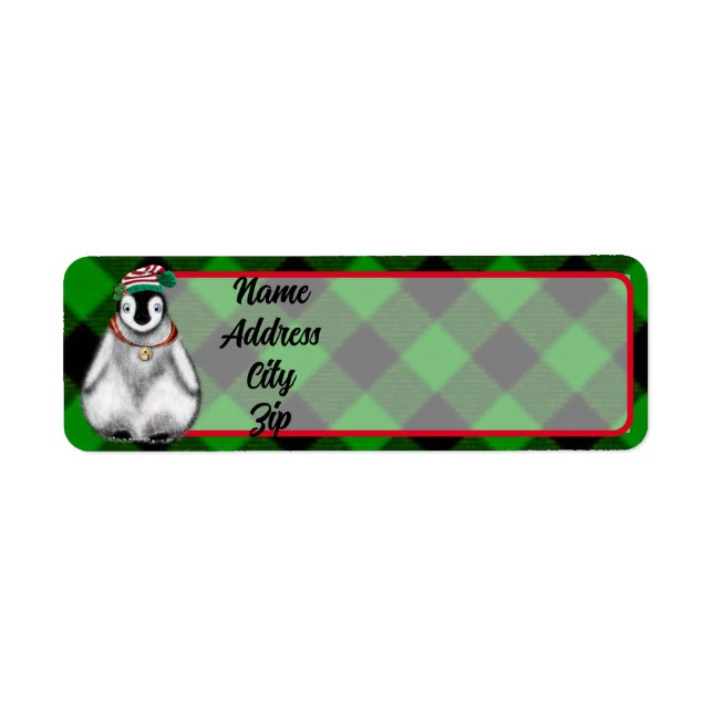 Cute festive holiday Penguin green black plaid  Label (Front)